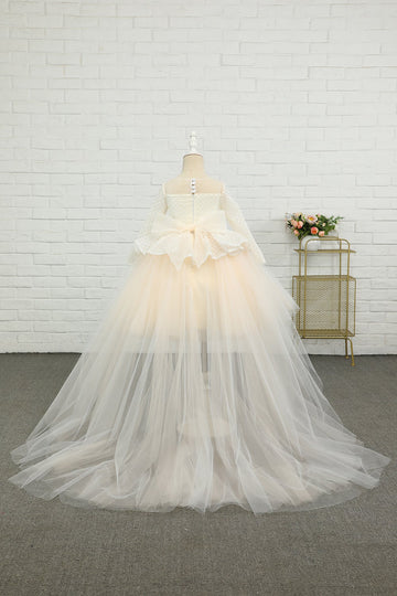 Abrikos høj-lav blomst pige kjole med bue